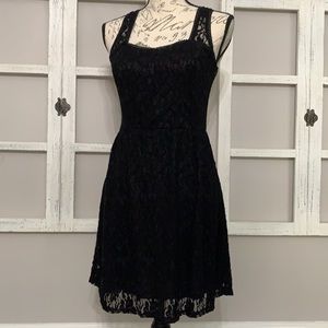 Black cocktail dress Lace overlay crochet racer back lined Size Medium